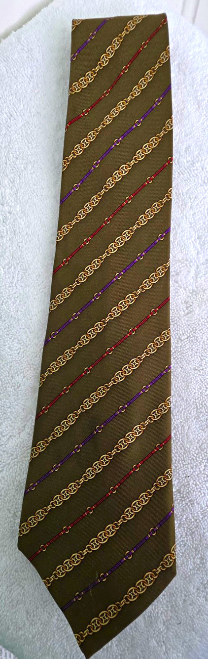 CELINE Paris Men's Green Silk Chain Stripe Woven Designer Tie w/ Logo